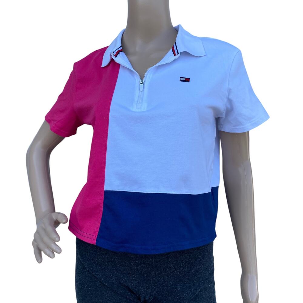 Tommy Hilfiger Sport Women's Colorblock Pink White Collared Polo Crop Top SP